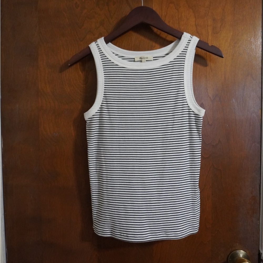 Madewell White and Black Striped Ribbed Tank